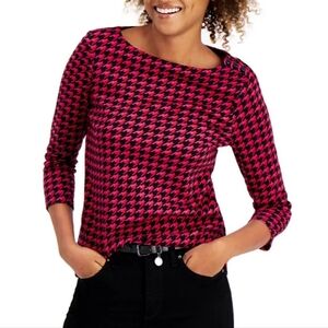 Charter Club Red and Black Houndstooth Long Sleeve Cotton Top